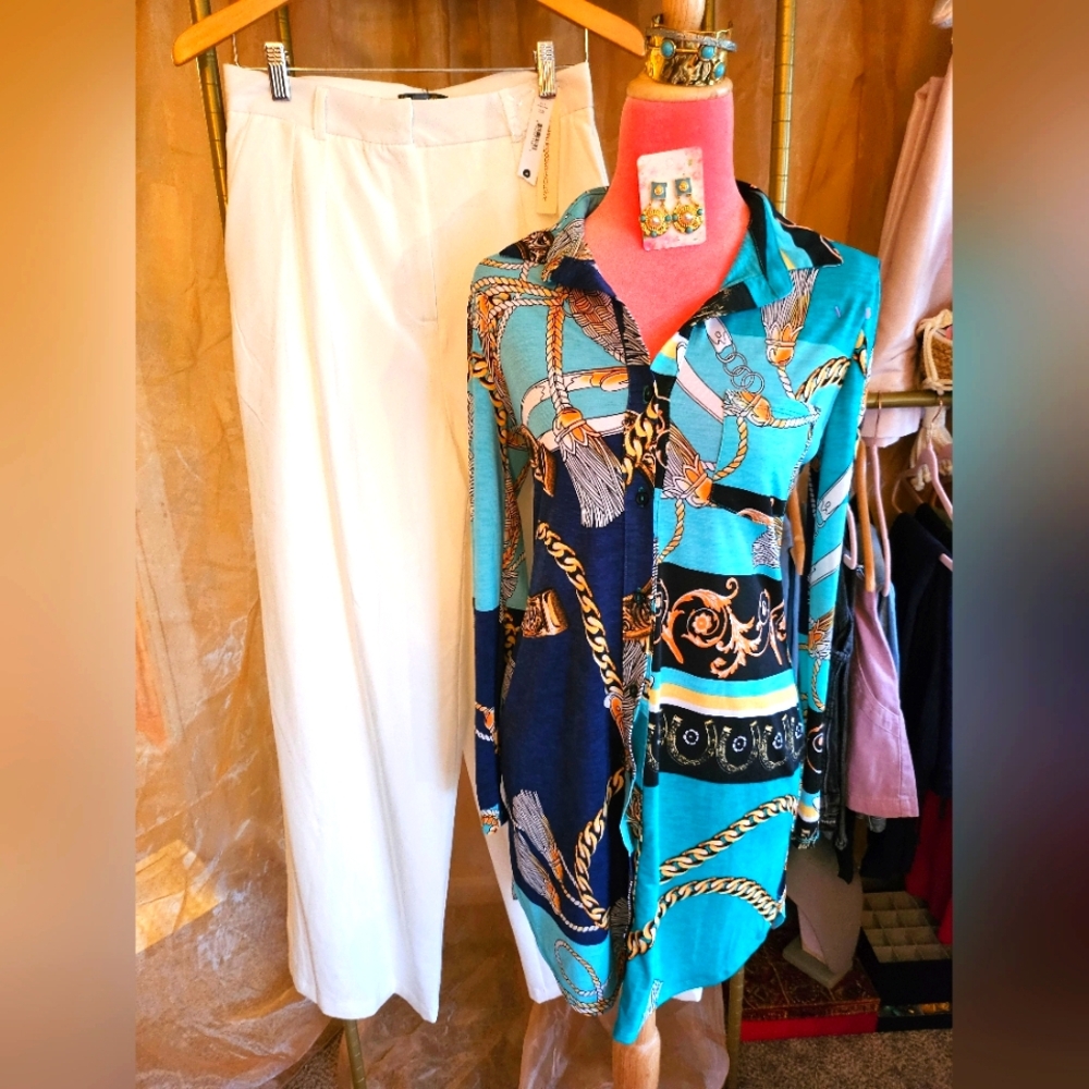 Chain Link Scarf Print Top NWT Trousers Pants Earrings 2 Bracelets Ensamble Set
